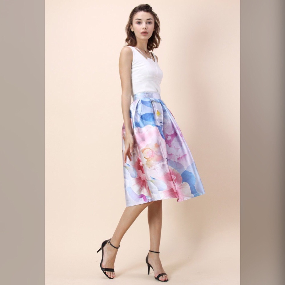 Bloom in Watercolor Printed Midi Skirt